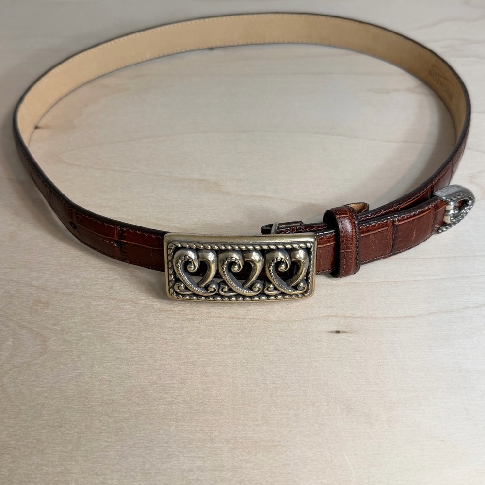 Vtg Brighton Triple Heart Pin Buckle Brown Crocodile Print Belt M 30 | 40297 USA
